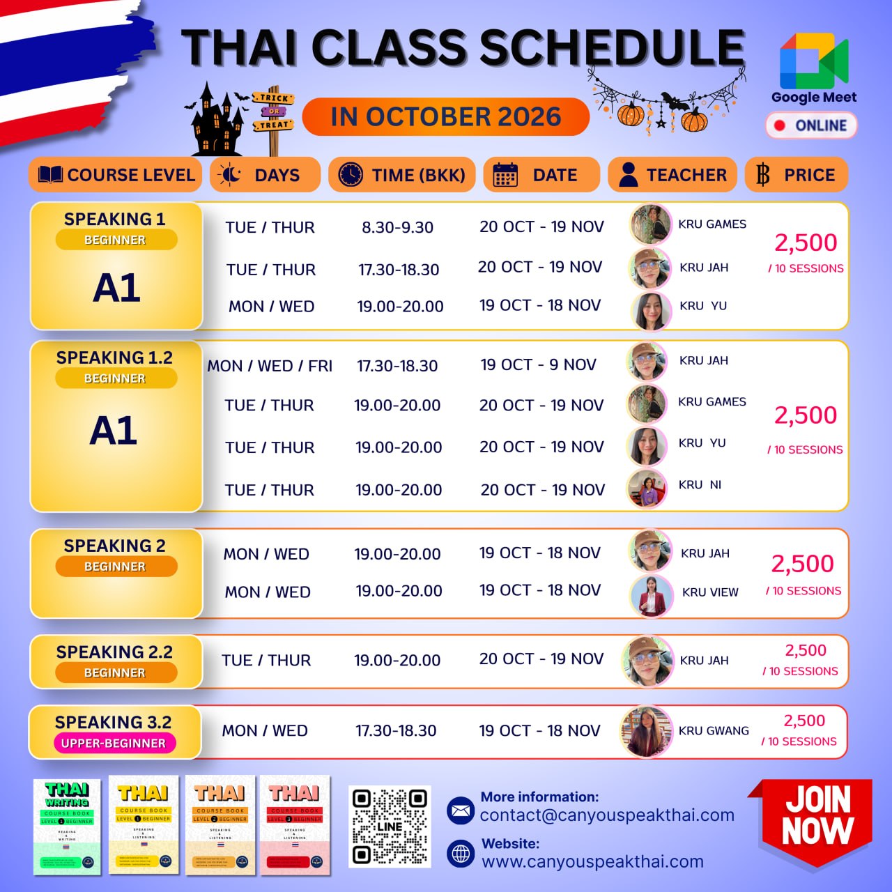 Thai Class Schedule October 2026